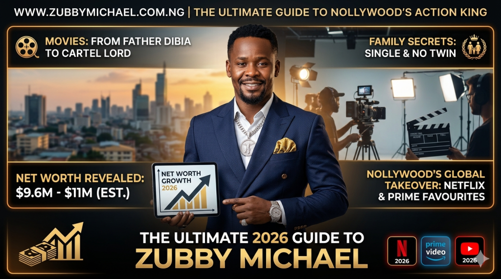 Zubby Michael featured image for 'The Ultimate 2026 Guide to Zubby Michael: Movies, Net Worth, Family, and Nollywood’s Global Takeover'. Image shows a sleek, multi-layered movie poster and magazine cover design, blending an action portrait (Zubby in dark suit, gold chain) with 2026 Nollywood global takeover themes (city skyline, film crew, streaming logos like Netflix and Prime Video). Text headlines include 'ULTIMATE 2026 GUIDE', 'NET WORTH REVEAL', 'FAMILY SECRETS', and 'GLOBAL TAKEOVER'. Style is dynamic, cinematic, and official, optimized for a high RPM audience.