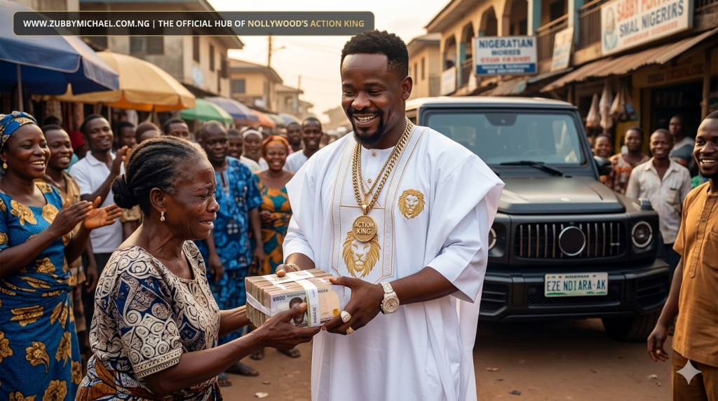 A powerful 2026 featured image for [www.zubbymichael.com.ng] showing Zubby Michael standing in the middle of a crowd of happy people on a Nigerian street. He is handing out a bundle of cash to an elderly woman. In the background, his 2026 G-Wagon is visible. Text: 'THE STREET TITHE: ₦10.2M GIVEN BACK | NOLLYWOOD'S RICHEST GIVER'. WebP format
