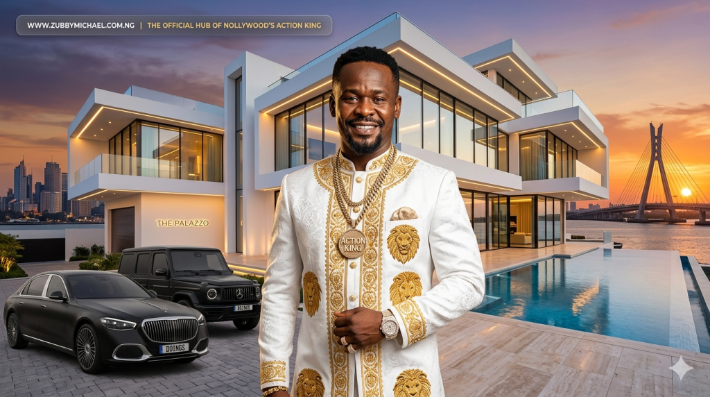 A stunning 2026 featured image for [www.zubbymichael.com.ng] showing Zubby Michael standing in front of his new white multi-story Lagos waterfront mansion. To his left is a 2026 Mercedes-Maybach and a G-Wagon. He is dressed in a luxury white traditional outfit with gold accessories. The background shows a sunset over the Lekki lagoon. Text at the bottom: 'INSIDE THE 2026 REAL ESTATE EMPIRE | THE DOINGS OF A MOGUL'. WebP High-RPM format.