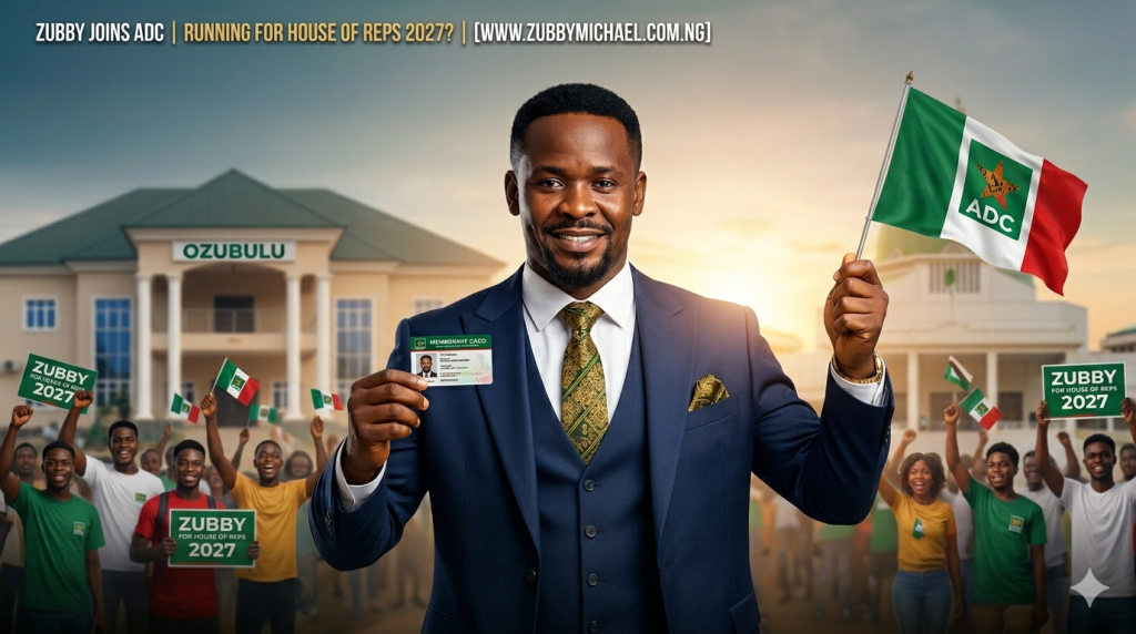 Featured image for [www.zubbymichael.com.ng] showing Zubby Michael in a tailored ADC navy blue suit, smiling confidently. He holds an official ADC membership card and is surrounded by a crowd of youth supporters at his Ozubulu hometown launch on April 11, 2026. Minimal text at top left: 'ZUBBY JOINS ADC