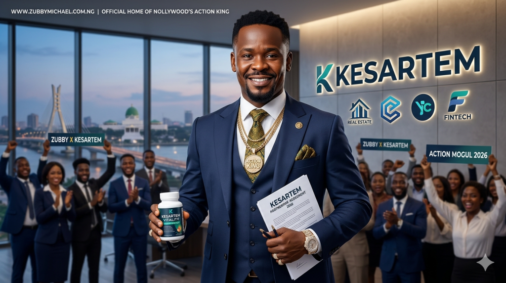 Professional 2026 featured image for [www.zubbymichael.com.ng] showing Zubby Michael in a sharp, tailored corporate suit shaking hands with a CEO in a high-rise office. A 'Kesartem' logo is visible in the background. He looks confident and authoritative. Text: 'THE ACTION MOGUL | ZUBBY MICHAEL & KESARTEM 2026'. WebP format for fast loading