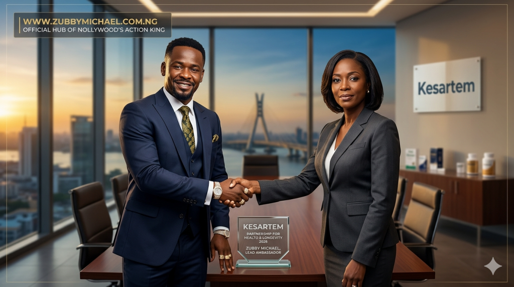 Zubby Michael 2026 corporate endorsement: Shaking hands with the female Kesartem CEO in a luxury Lagos office. He wears a tailored navy blue suit with gold accessories. Optimized for [www.zubbymichael.com.ng]