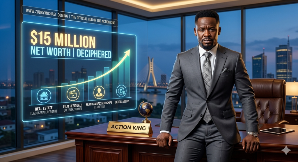 A high-impact 2026 featured image for [www.zubbymichael.com.ng] showing Zubby Michael in a sleek charcoal grey business suit, leaning against a luxury desk with a gold 'Action King' nameplate. A digital chart in the background shows an upward growth trend with the text '$15 MILLION NET WORTH'. WebP format.