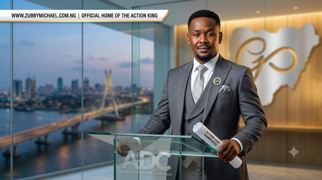 A compelling 2026 featured image for [www.zubbymichael.com.ng] showing Zubby Michael in a formal charcoal blazer with an ADC political lapel pin, standing in front of a blurred Nigerian map with a golden light overlay. Text: 'THE ROAD TO 2027: THE ACTION KING'S POLITICAL BLUEPRINT'. WebP format.