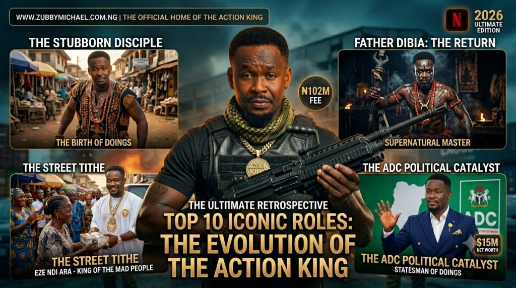 A cinematic 2026 featured image for [www.zubbymichael.com.ng] showing a collage of Zubby Michael's most iconic characters. In the center, he is the 'Action King' in a tactical vest. To the sides, he is 'Father Dibia' and a wealthy 'Political Mogul'. Text: 'TOP 10 ICONIC ROLES: THE EVOLUTION OF THE ACTION KING'. WebP format